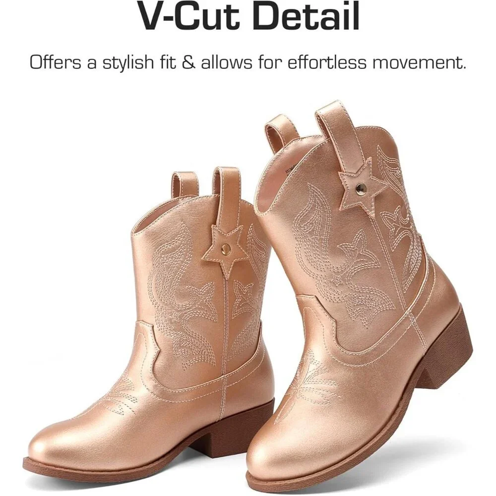 ⚡Girls Rose Gold Cowgirl Boot With Low Heel Western Embroidered Fashion Mid Calf